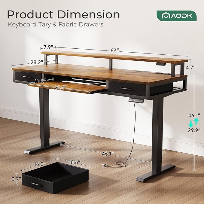 AODK 63 Inch Standing Desk with Drawers & Keyboard Tray, Rustic Brown | Power Outlet, LED Lights, Monitor Stand, Cable Management Tray, 3 Memory Heights, 29.9"-46.1" in Range