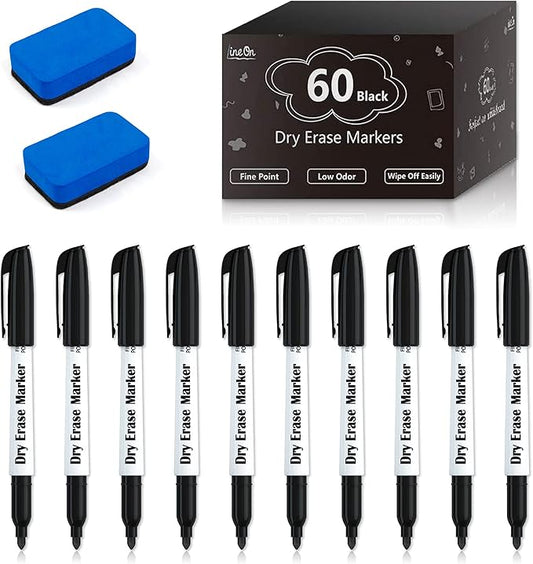 Dry Erase Markers, Lineon 60 Bluk Pack Black Whiteboard Markers with 2 Eraser, Fine Point Dry Erase Markers Perfect For Writing on Whiteboards, Dry-Erase Boards,Mirrors for School Office Home