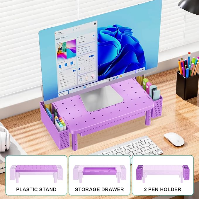 WALI Computer Monitor Stand with Storage and Pen Holder | 3 Height Adjustable Desk Organizer with Drawer, Desk Laptop Monitor Riser for Computer, Printer(PTT003-V), 1 Pack, Violet
