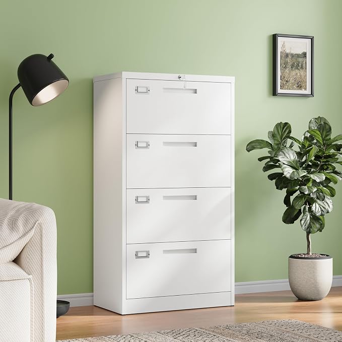 4 Drawer File Cabinets with Lock,Metal Lateral Filing Storage Cabinet Printer Stand,White Steel Home Office Cabinet for Hanging Files Letter/Legal/A4 Size (White, H51.73×W28.35×D15.74)