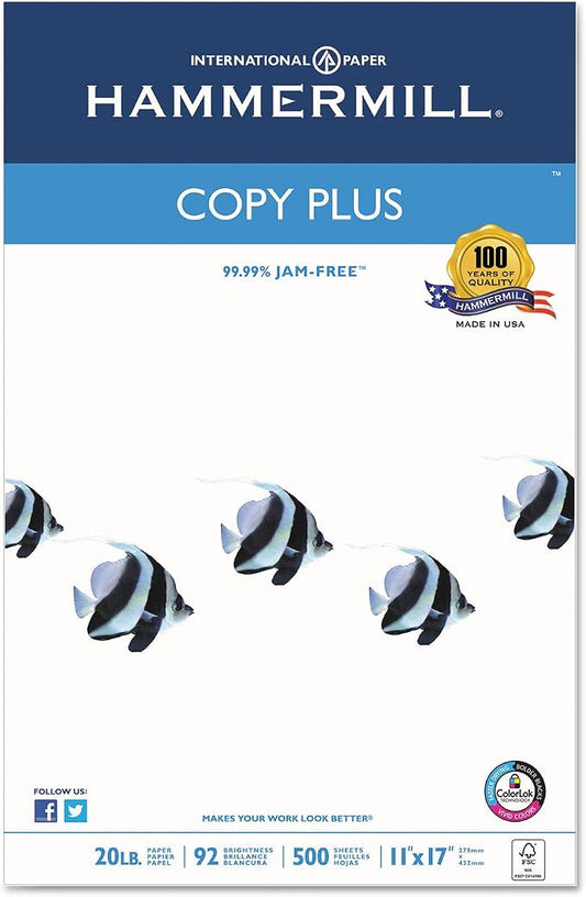 Hammermill 105023 Copy Plus Copy Paper, 92 Brightness, 20lb, 11 x 17, White, 500 Sheets/Ream