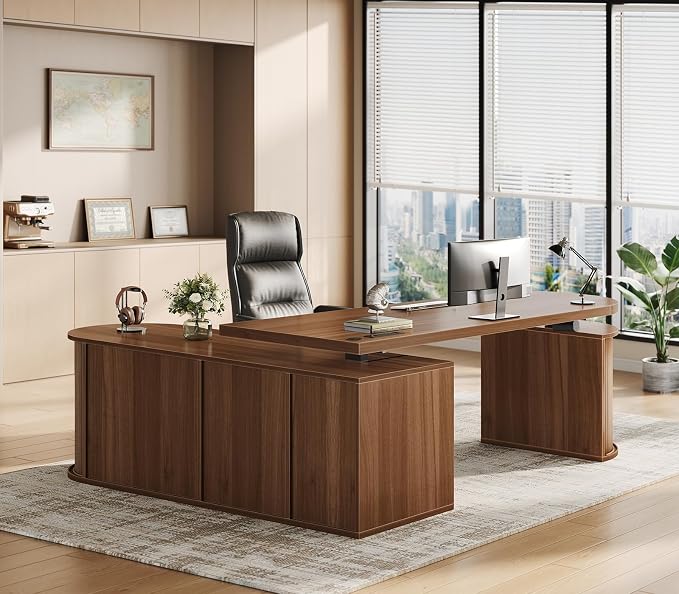 SEDETA 57" L Shaped Standing Desk with Storage, Electric Height Adjustable Curved Executive Desk, Fluted Desk with Drawers & Power Strip for Home Office, Brown