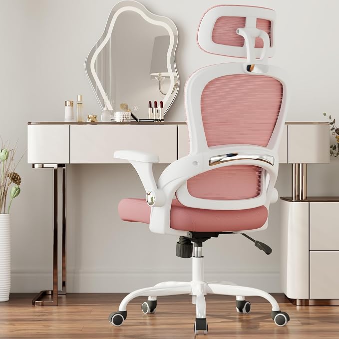 TRALT Office Chair - Ergonomic Desk Chair with Headrest Support for Adults | Home Office Desk Chair with Lumbar Support - Ergonomic Mesh Chairs 330 lb Wide Seat with Headrest, Comfy Desk Chair(Pink)