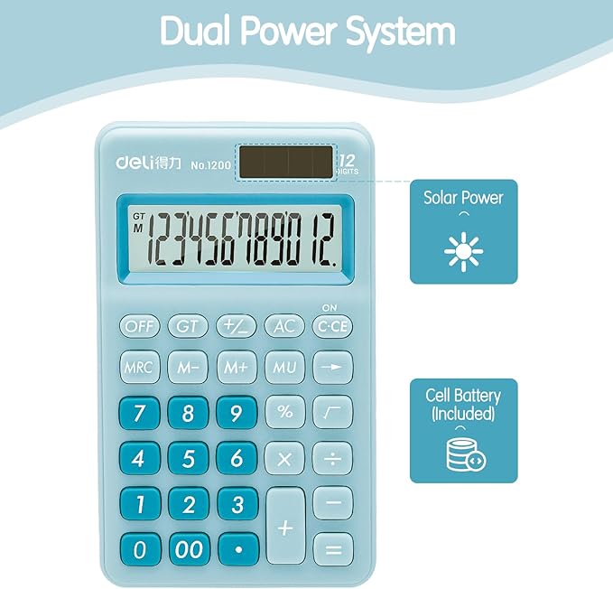 Deli Standard Function Basic Calculator, 12 Digit Desktop Calculator with Large LCD Display, Solar Battery Dual Power Office Calculators, Blue