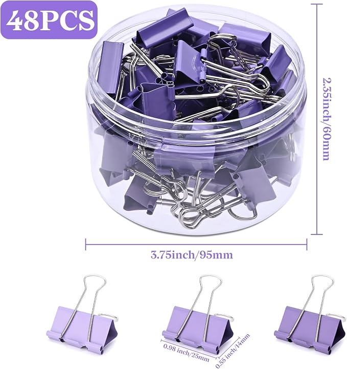Temiary Binder Clips, Medium Metal Binder Paper Clip Purple 0.98Inch, 48 P | Colored Binding Paperwork Clamp Bulk for Office, Home, School