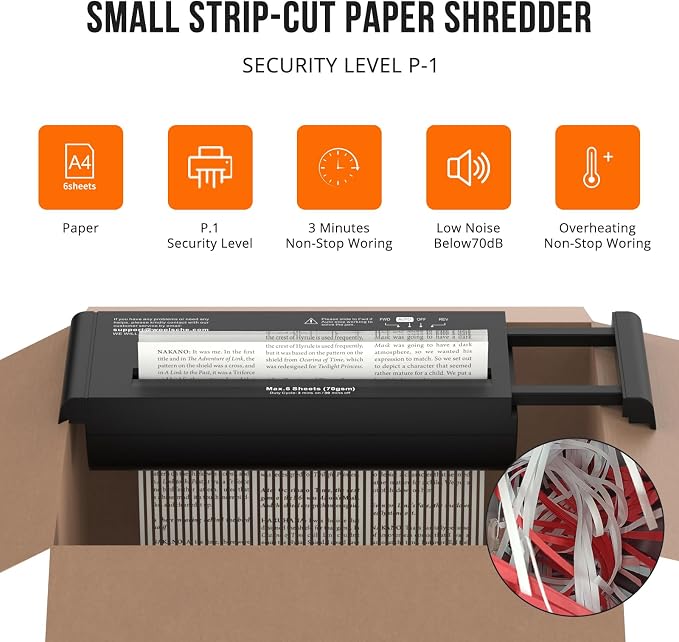 Suntiko 6-Sheet Strip Cut Portable Home Paper Shredder no Basket | Extendable Arm Fits Waste Baskets, 3-Min Continuous Shred, 4-Mode Anti-Jam, Overheat Protection Compact Shredder