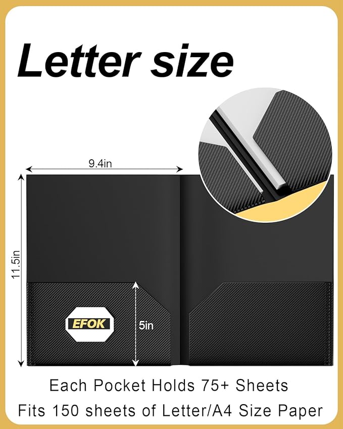 10 Pack Heavy Duty Black Plastic Folders with 2 Pockets, Textured Light Luxury File Folders with Business Card Slot, Letter Size Filing Supplies for Back to School & Office Organization