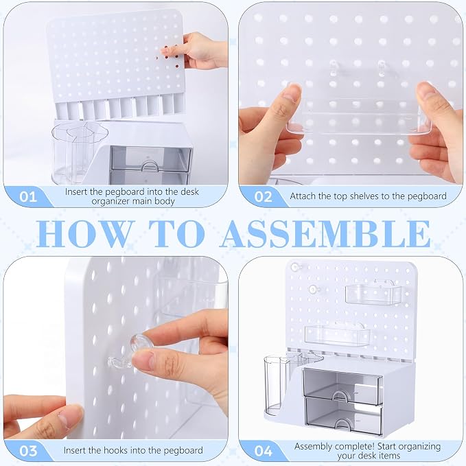 Novabright Desk Organizer with Drawers, Rotating Pen Holder with 5 Slots & Pegboard, Back to School & First Day of School Gifts, Multifunctional Desktop Storage for Desk Home Office Supplies(White)