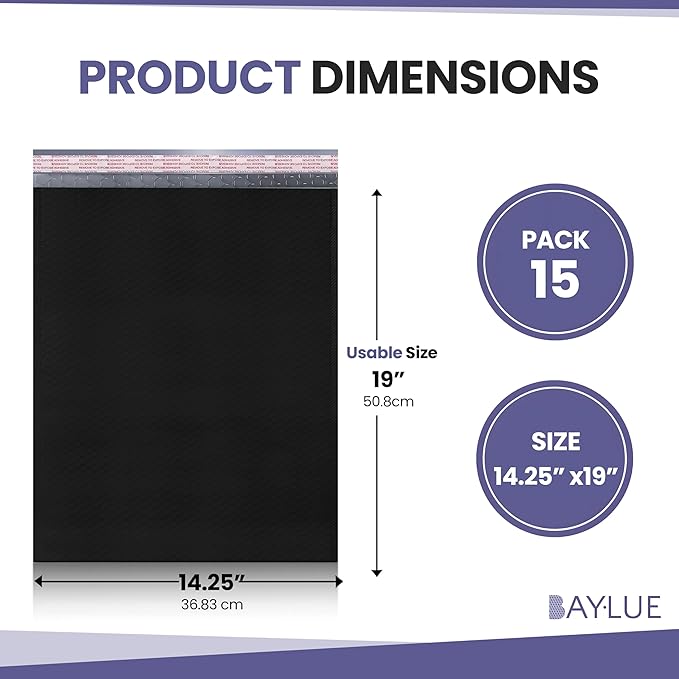 Black Poly Bubble Mailers 14.50x20 Inch #7 | Self Seal Large Padded Envelopes | Air Cushioned Bubble Mailer | Usable Size 14.25x19 Inch | Waterproof Lightweight Mailing Shipping Bags | 15 Pack