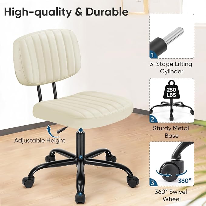 DUMOS Armless Office Chair, Small Home Desk Chair, Lumbar Support | PU Leather Low Back, Height Adjustable 360 Swivel Wheels, Computer Task, Beige