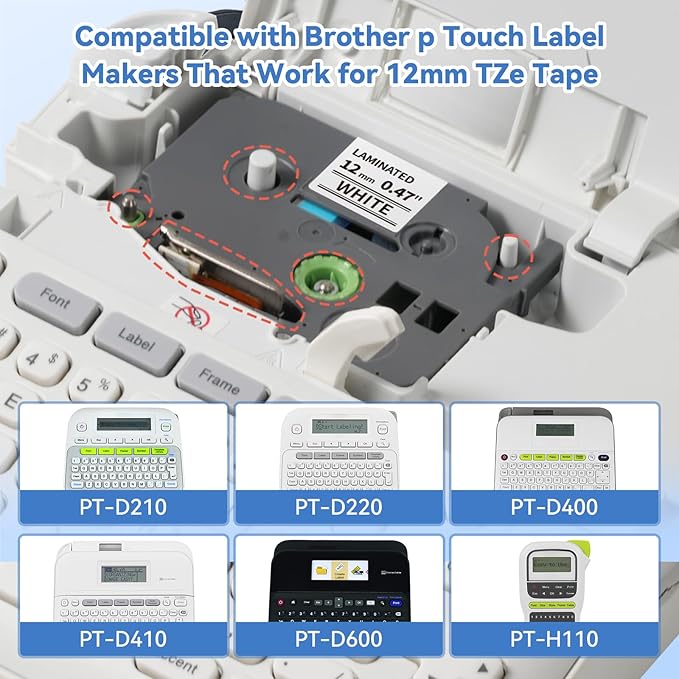 Airmall Replacement for Brother P-Touch Label Maker Tape 12mm .47 Laminated White Tz Tape TZ Colored Refills Compatible with Brother P Touch PT-D220 D210 H110 D200 D400 1280 Refills, 1/2 Inch, 6 Pack