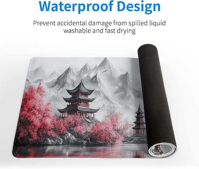 Retro Cherry Blossoms Mouse Pad 31.5x11.8 Inch White Full Desk Japanese Mousepad Extended Large Non-Slip Rubber Base Waterproof Big Keyboard Mat with Stitched Edges for Gaming and Office
