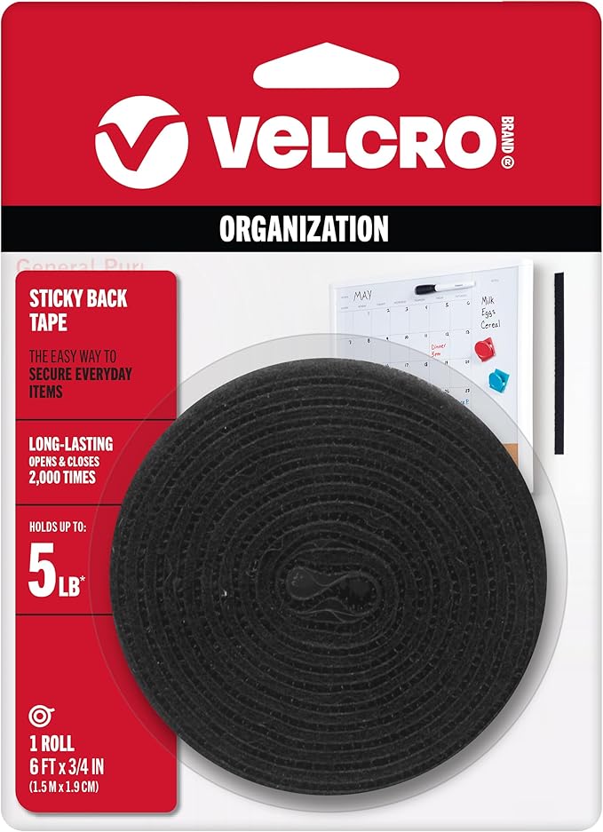 VELCRO Brand 6 Ft x 3/4 in | Sticky Back Tape Roll with Adhesive | Cut Strips to Length | Hook and Loop Fasteners | Perfect for Home, Office or Classroom, Black, 90975W