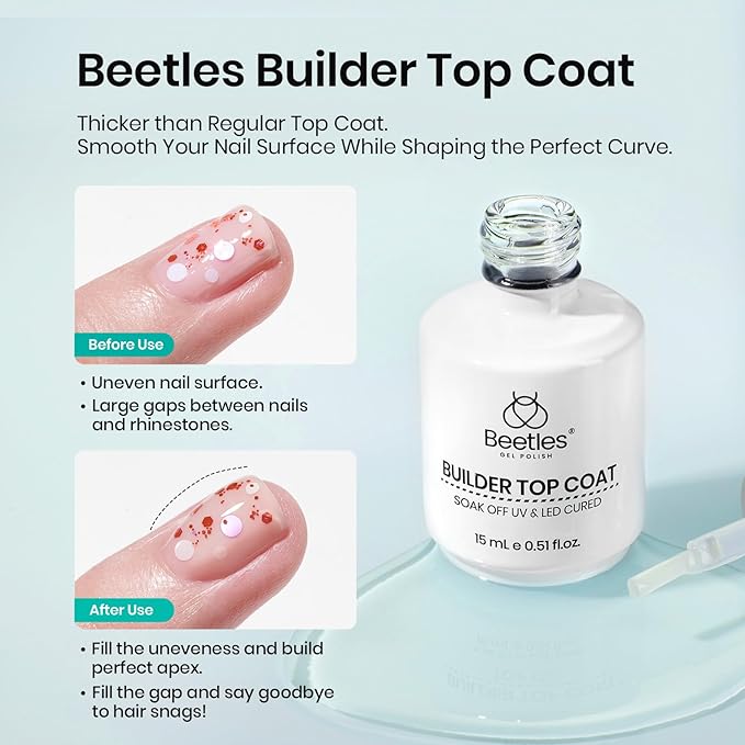 Beetles Rubber Base Gel and Builder Top Coat Gel Nail Polish Set, 2Pcs 15ML Nude Nail Polish Pink Neutral Color Base No Wipe Builder Top Coat, Thick Flexible Base for Nails Strengthening