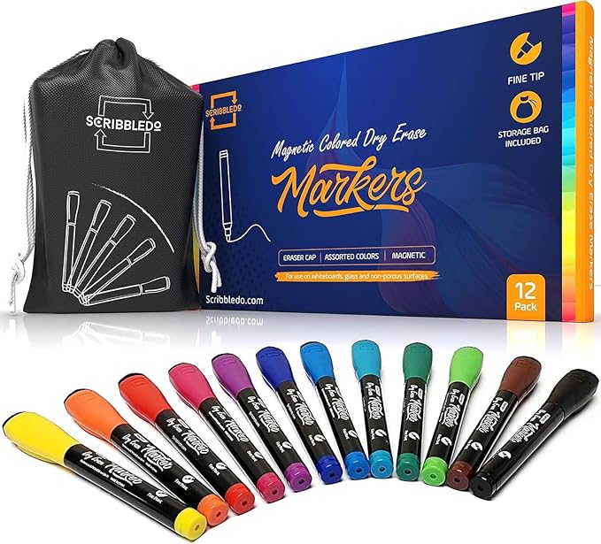 Scribbledo Magnetic Dry Erase Markers Fine Tip, Assorted Colors, Low-Odor Whiteboard Markers with Eraser Cap for Office, Workplace, Medical & Professional Use (12 Pack)