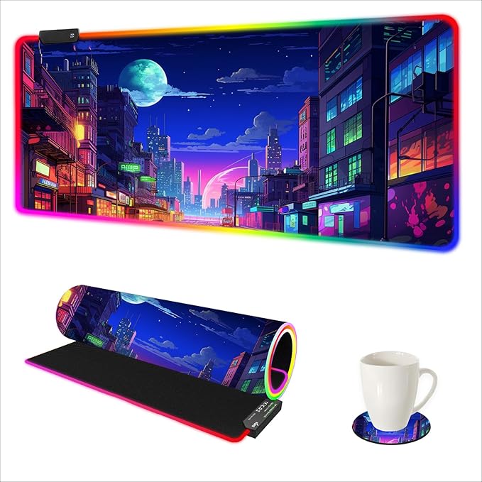 AIMSA RGB Gaming Mouse Pad, Large Mousepad with 14 Led Light Modes, Keyboard Pad Gaming Accessories for Desk, Non-Slip Rubber Base Mouse Mat for Gamer, Modern Urban Night Scene