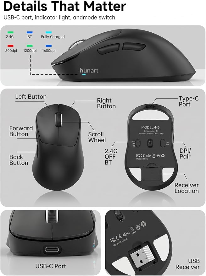 hunart H6 49g Wireless Mouse, Bluetooth & 2.4GHz, USB-C Charging, Black | Silent Clicks, Two Ways to Connect, Right-Hand Ergonomic Comfort, Portable for Laptop, MacBook, PC & Tablet