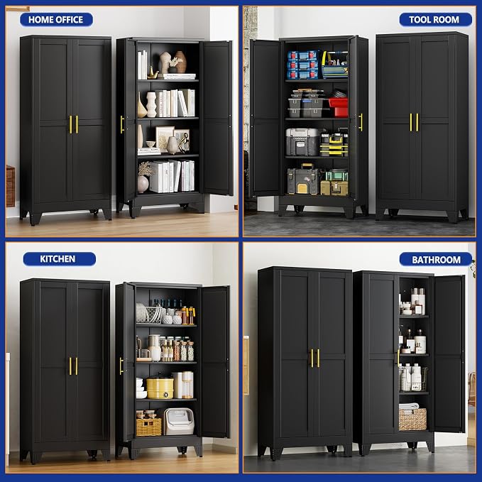 Metal Storage Cabinet with 2 Doors and 3 Adjustable Shelves - 61" Steel File Cabinet,Tool Cabinets for Office,Home,Garage,Gym,School,Bathroom,Kitchen(Black)