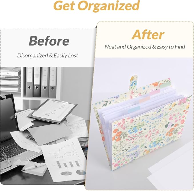 SKYDUE Expanding File Folder with 5 Pockets, Accordion File Organizer, Portable Receipt Paper Documents Organizer, Letter Size Filing Folder School Office Supplies, Apricot
