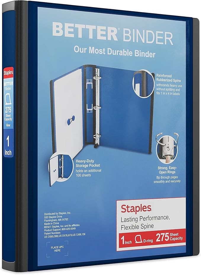 Staples Better Binder, 1 Inch 3-Ring, Navy Blue, Locking Rings, 3-Pk | Wide spine view binder with durable construction for office organization.