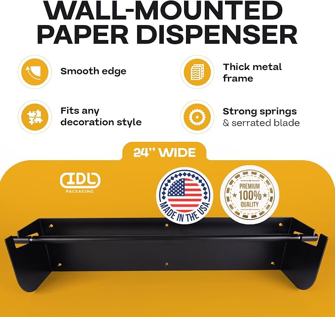 IDL Packaging 24" Kraft Paper Roll Dispenser & Cutter, Wall Mounted | for Rolls up to 24" Wide and 9" in Diameter – Durable Paper Holder with a Serrated Blade – Wall Mount Set Included