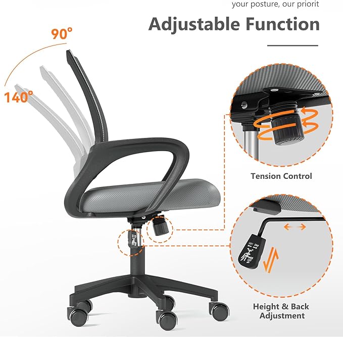 Home Office Chair, Ergonomic Mid-Back Mesh Desk Chair with Lumbar Support, Adjustable Swivel Rolling Design, Comfy Armrest for Work, Study, Gaming, Vanity (Light Gray, Single Chair)