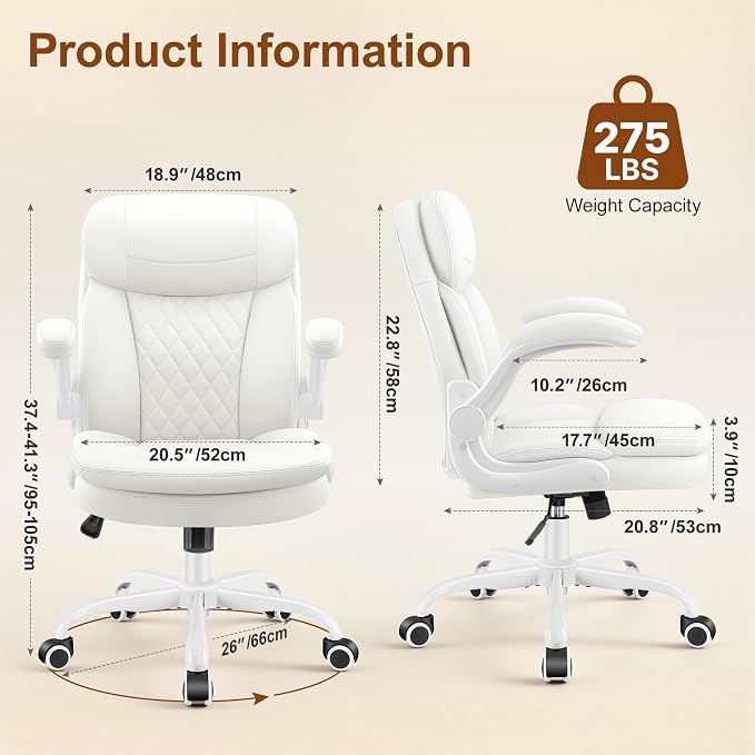 Leather Office Chair, PU Computer Desk Chairs with Upgraded Double-Layer Seat Cushion and Neckrest, 360°Swivel, Ergonomic Small Gaming Chair with Wheels and Adjustable Armrests for Short People, White
