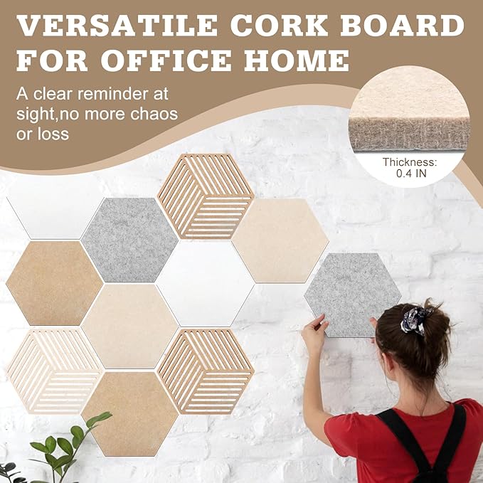 Hexagon Cork Board 12pcs with 110 Push Pins,Bulletin Board Decorative for Tiles Walls Office Room Decor Felt Vision CorkBoards for Home Pictures Photos Notes 12'' Hex