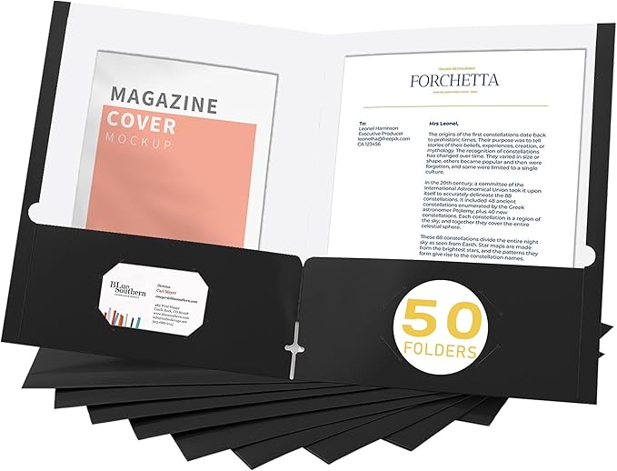 Zzrywuty File Folders with Pockets Letter Size,50-Pack Paper Folders with Card Slot,Black Two Pocket Folders for School Students,Businessmen,Home and Office Workers
