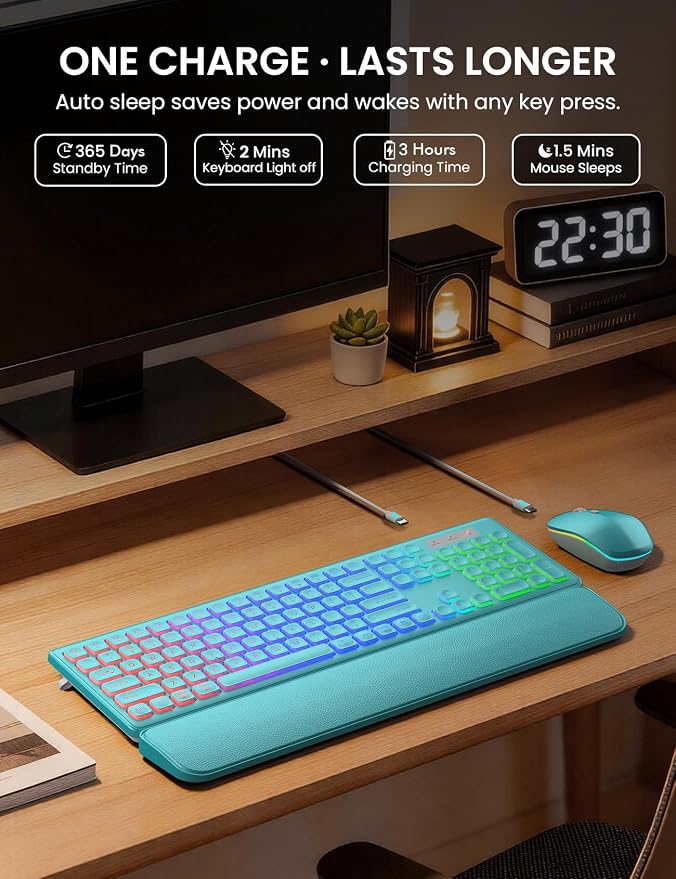 Wireless Keyboard and Mouse Combo, RGB Backlit, Rechargeable & Light Up Letters, Full-Size, Soft Typing, Sleep Mode, 2.4GHz Quiet Keyboard Set for Mac, Windows, Laptop, PC, Trueque KM42Pro | Light Up Letters, Full-Size, Soft Typing, Sleep Mode, 2.4GHz ...
