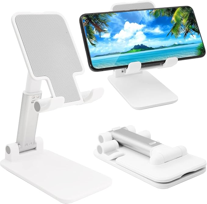 Cell Phone Stand for Desk, Angle & Height Adjustable Phone Holder, (White) | Fully Foldable, Fits for All Under 6.5" Smartphones, Ideal for Home, Office & Travel Use
