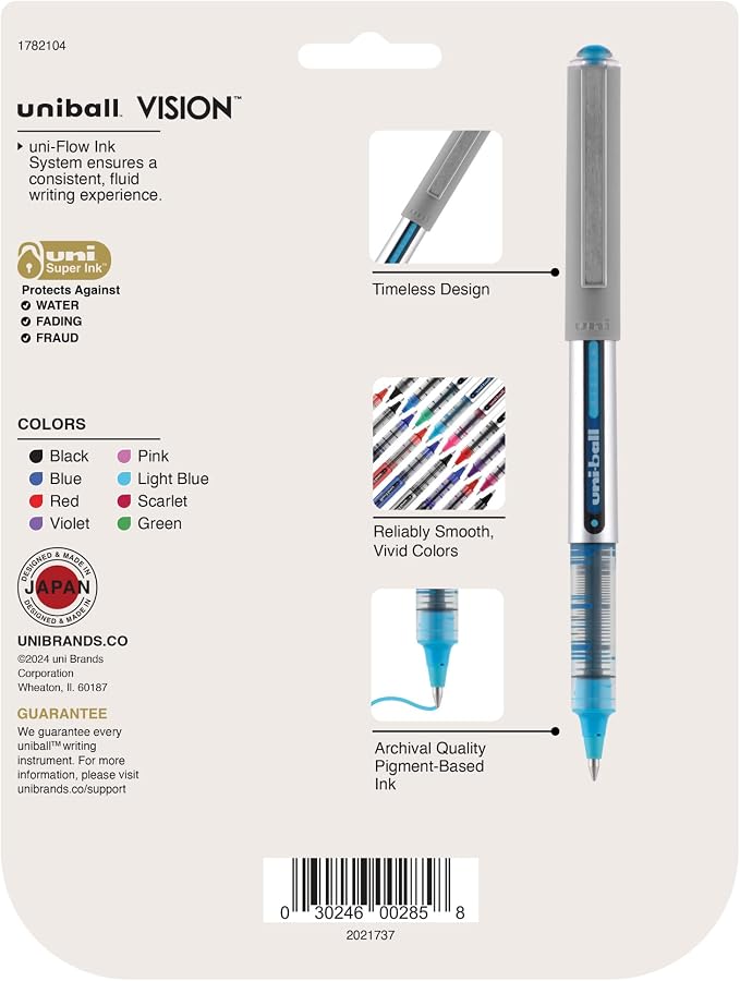 uniball™ Vision Rollerball Pens, Fine Point (0.7mm), Assorted Colors, 8 Pack
