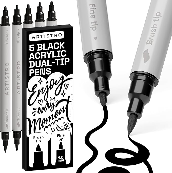 ARTISTRO 5 Black Acrylic Paint Markers - Paint Pens for Drawing, Brush + Fine Tips - For Fabric, Rock, Glass, Wood, DIY, Eggs - Art & Craft Supplies for Adults, Teens, Kids - Easter Basket Stuffers