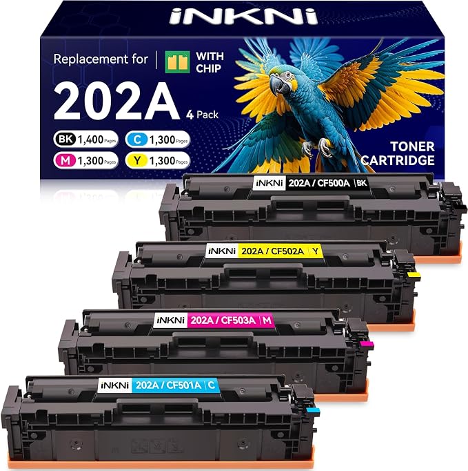 InkNI 202A Toner Cartridges CF500A 202X,4 Pack Black Cyan Yellow Magenta | Compatible for LaserJet Pro MFP M281fdw M254dw M281fdn M281cdw M280nw M254dn M254nw Printer,With Chip,Business Home Office