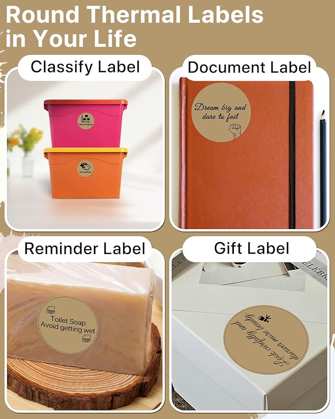 3 Inch Round Thermal Printer Label Stickers Self-Adhesive Circle Convenient Multi-Purpose Blank 3" Sticker Roll for Family Classification, DIY Envelope and Gift Sealing, Brown (500Pcs)