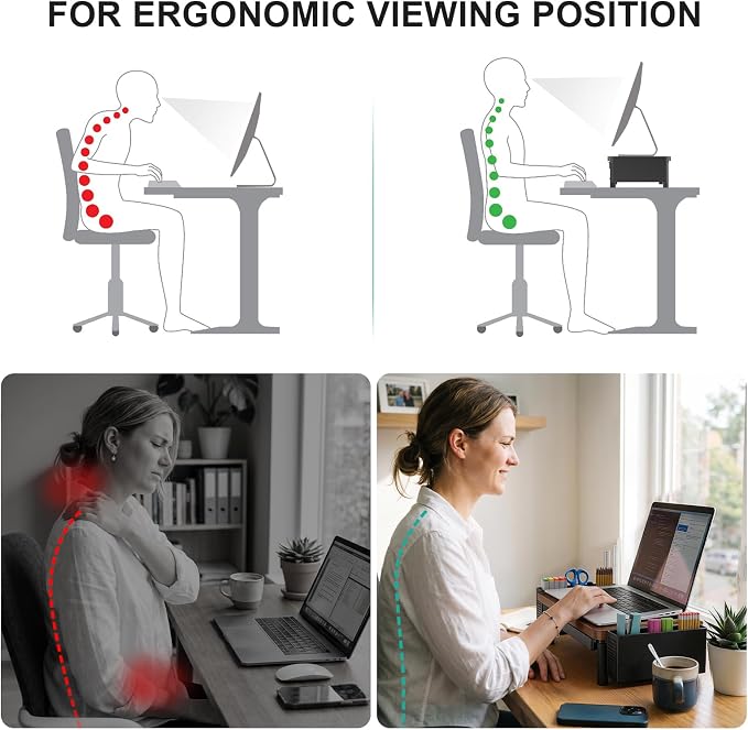 WALI Computer Monitor Stand with Storage and Pen Holder | 3 Height Adjustable Desk Organizer with Drawer, Desk Laptop Monitor Riser for Computer, Printer(PTT003-C), 1 Pack, Brown