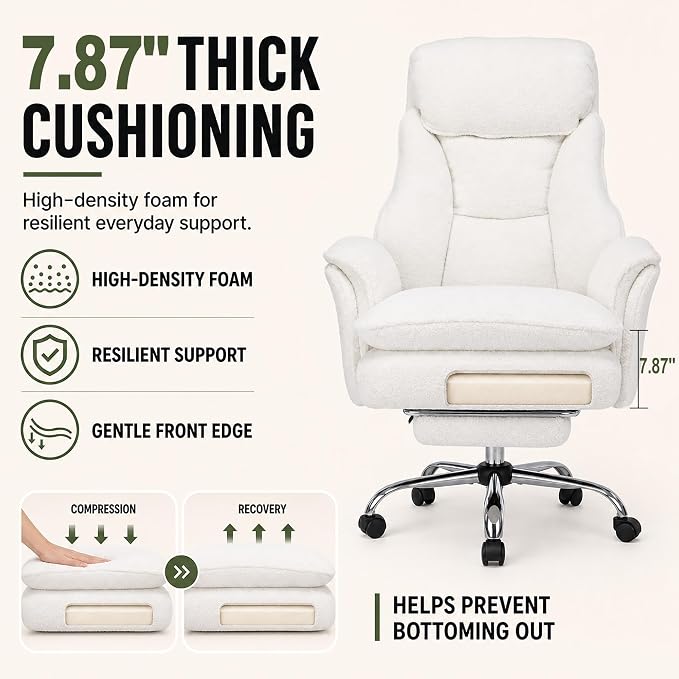 Criss Cross Office Chair with Wheels,Flip-Up Arms and Footrest, White | Cross Legged Office Chair, 30" Wide Seat, 7.87" Teddy Fleece Cushion, 155° Recline, 400 lb, Home Office or Vanity
