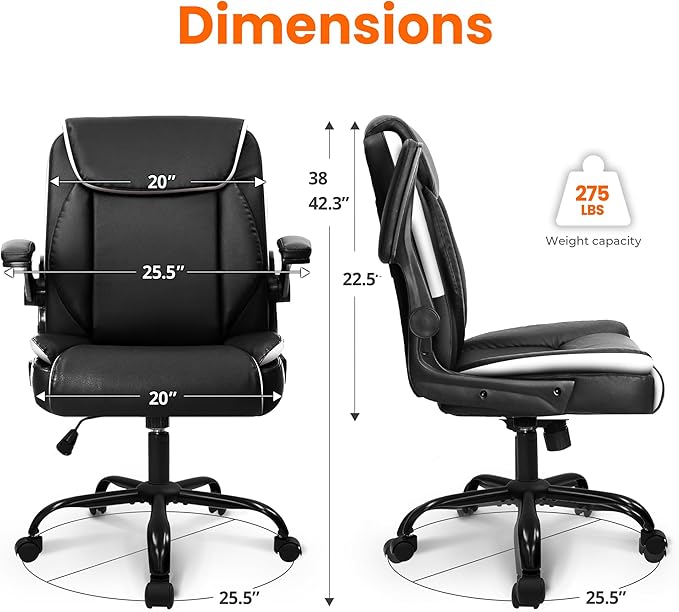 NEO Chair Office Desk Computer Chair Ergonomic Executive Mid-Back Leather Gaming Chair with Adjustable Flip-Up Armrests Wheels Swivel for Home Study Task (Black White)