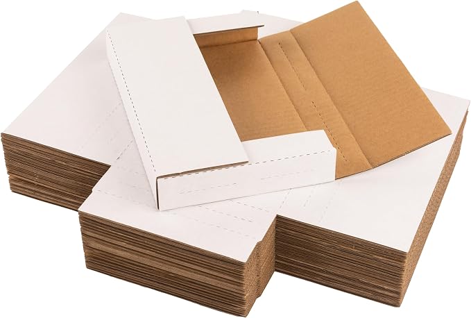 9x6x1.3 inch Cardboard Box for Shipping DVD, CD, Book, 50 Pack | Flat Small Box for Mailing, Storing, packaging, Business or Home, with Fragile Stickers, Multi-Depth, Easy-Fold, White