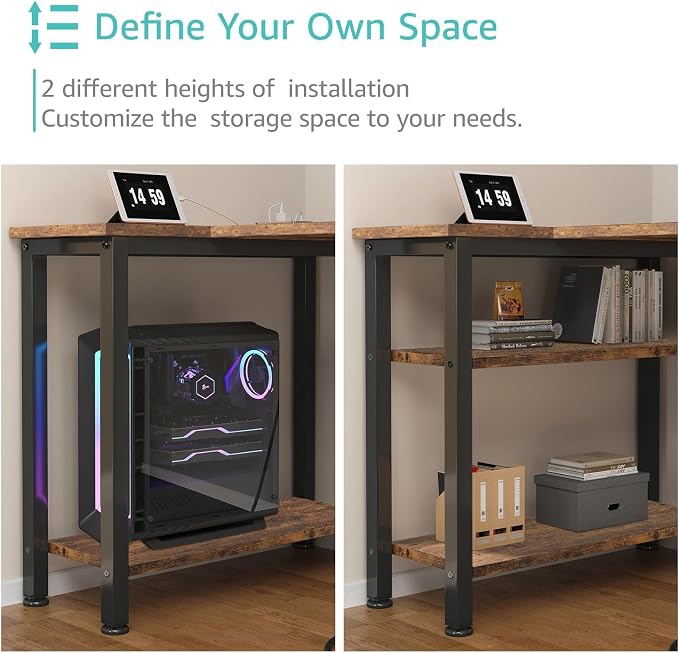 Lufeiya L Shaped Computer Desk with Drawers & Storage Shelves, 55 Inch Corner Desk with Power Outlet for Home Office Bedroom, L-Shaped Teen PC Gaming Desks with Fabric Drawer, Rustic Brown