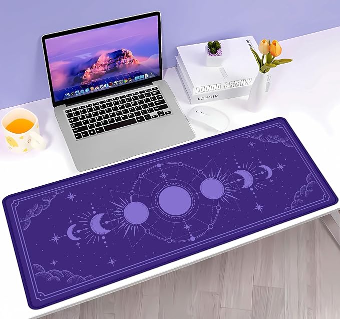 Kawaii Purple Large Gaming Mouse Pad, Moon Phase Magic Celestial Desk Mat Cute, Non-Slip Rubber Computer Mousepad, Laptop Desk Pad, 31.5x11.8 in