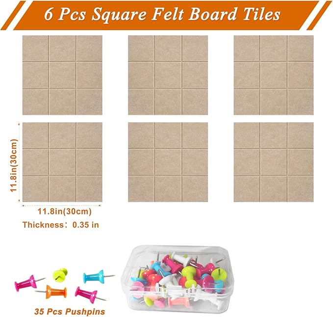 Large Square Felt Cork Board Tiles, Self Adhesive DIY Felt Bulletin Board with 35 Pushpins for Office School Home Wall Decor Stickers Memos Photos Display (Brown)