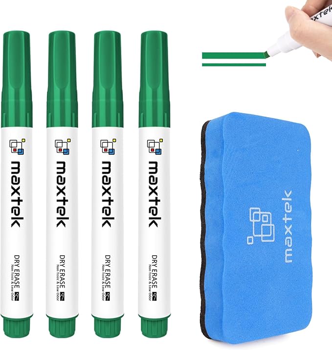maxtek Green Dry Erase Markers 4 Count with 1 Magnetic Eraser, Low Odor Chisel Tip for Office, School, Classroom