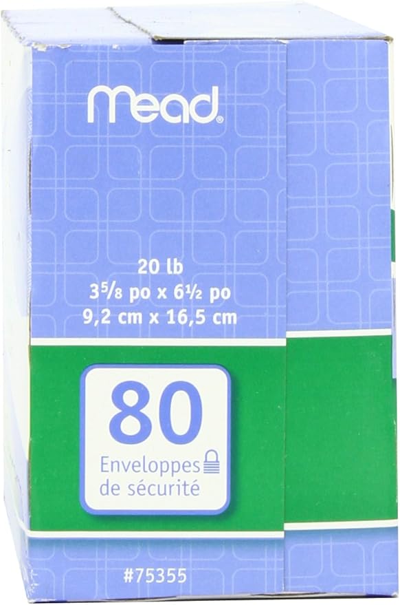 Mead #6-3/4 Envelopes, Security Printed Lining for Privacy, Gummed Closure, 3-5/8" x 6-1/2", All-Purpose 20-lb Paper, White, 80 per Box (75212) (Pack of 2)