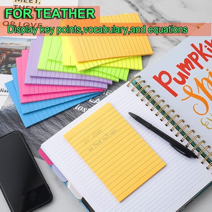 (6 Pack) Lined Sticky Notes 4x6 in,Bright Large Notepads with Lines | Ruled Stickies Super Sticking Power,Office School Memo Note Pads,Post on Windows Doors,Recyclable,Easy to Write on