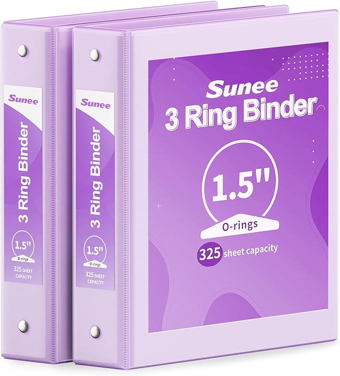 SUNEE 3 Ring Binder 1.5 Inch 2 Pack, Clear View Binder Three Ring PVC-Free (Fit 8.5x11 Inches) for School or Office Supplies, Purple