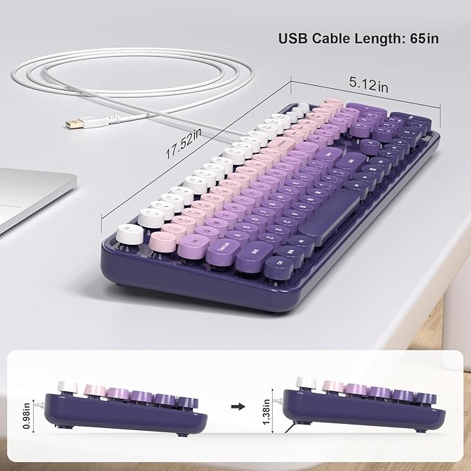 Computer Keyboard Wired, Plug and Play USB Retro Round Typewriter Keyboard, Full Size Wired Keyboard with Foldable Stands for Laptop and Office PC