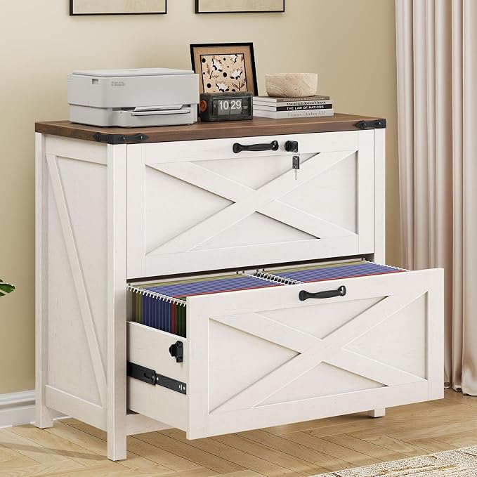 Halitaa Farmhouse Lateral File Cabinet with 2 Drawers, White and Brown | Lateral Filing Cabinet with Lock for Letter/A4/Legal Size, Large Wood File Storage Cabinet Printer Stand for Home Office