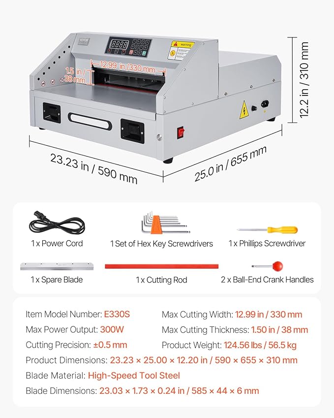 VEVOR Electric Paper Cutter, 300W Heavy Duty Paper Cutter Machine 11.8 in / 330 mm Cutting Width, 1.5 in / 38 mm Cutting Thickness, Electric Guillotine Trimmer with Casters & Infrared Function