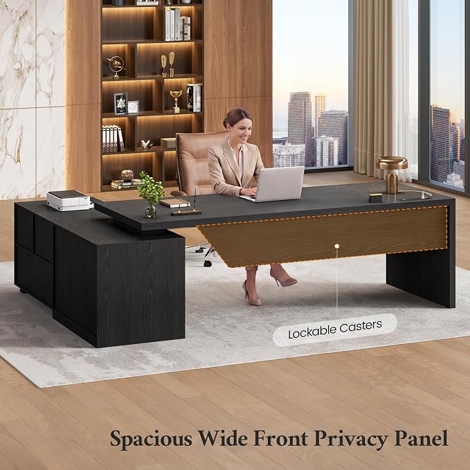 70.9" L Shaped Executive Desk with Power Outlets, Home Office Desk with Movable File Cabinet & Drawer, Modern Corner Computer Desks with Large Storage Cabinet, Black Business Furniture